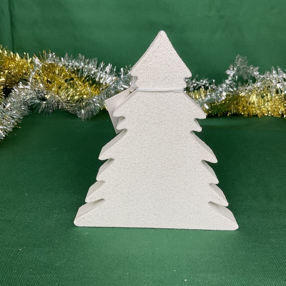 White Glitter Christmas Tree Shelf Sitter - Sparkly Wooden Holiday Decor